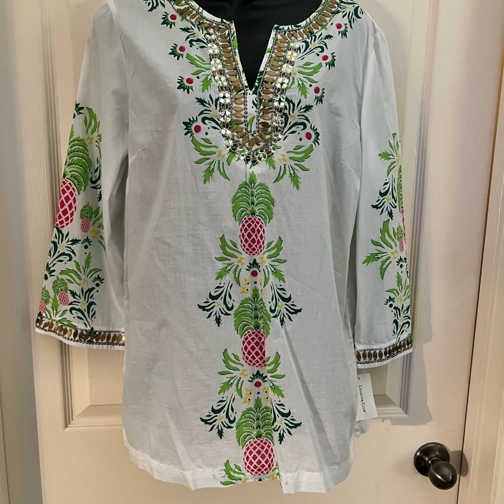 White 100% Cotton Top-Pineapple Prints and sequins accents-Ladies Medium-NEW